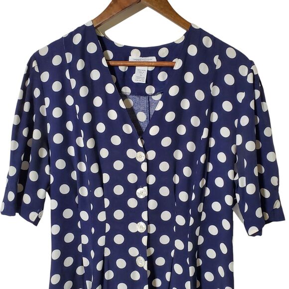Vintage Express Polka Dot Dress 9/10 Blue White Button Front Rayon Midi Womens - Picture 2 of 11